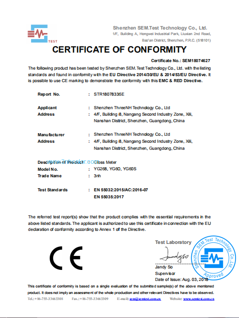 Les séries de YG annotent le certificat de la CE de mètre
