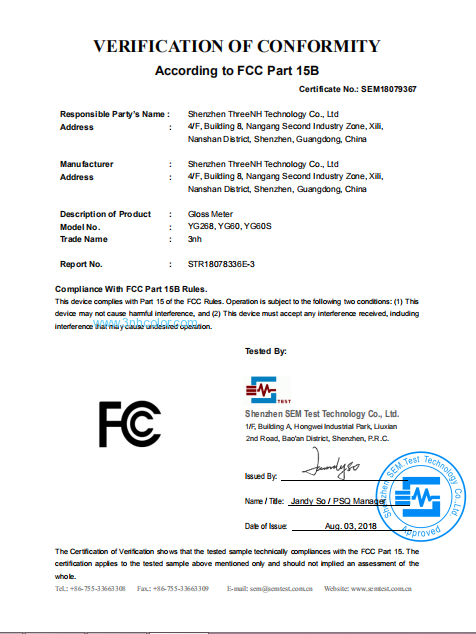 Les séries de YG annotent le certificat de FCC de mètre